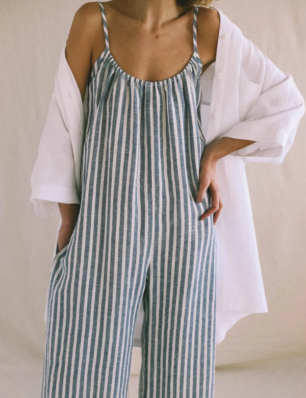 Striped Cotton Linen Wide Leg Jumpsuit For Women