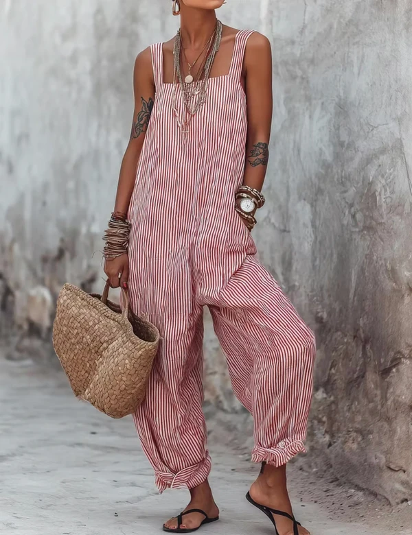 Cotton Stripe Jumpsuit With Pockets For Women