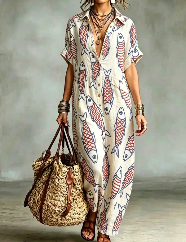 Sardine Cotton Button Shirt Jumpsuit For Women