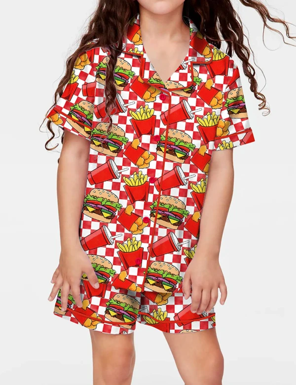 Cute Fast Food Silky Satin Pajama Set For Kids