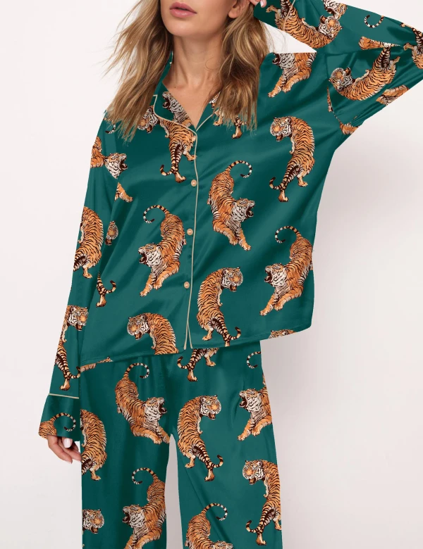 Vintage Tiger Silky Satin Pajama Set For Women