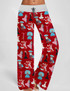 White Christmas Wide Leg Drawstring Waistband Pants For Women 