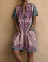 Cotton Linen Vintage Print V Neck Short Sleeve Jumpsuit With Pockets For Women