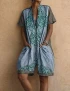 Cotton Linen Vintage Print V Neck Short Sleeve Jumpsuit With Pockets For Women