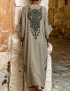 Cotton Linen Vintage Print Three Quarter Sleeve Dress For Women