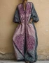 Cotton Linen Vintage Print V Neck 3/4 Sleeve Jumpsuit With Pockets For Women