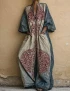 Cotton Linen Vintage Print V Neck 3/4 Sleeve Jumpsuit With Pockets For Women