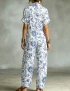 Navy Blue Floral Cotton Button Shirt Jumpsuit For Women