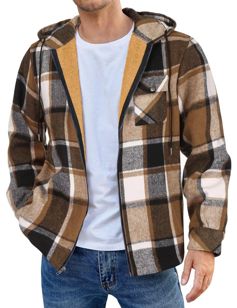 Flannel Plaid Zip Up Hooded Jacket For Men