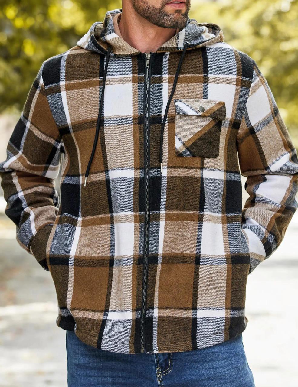 Flannel Plaid Zip Up Hooded Jacket For Men