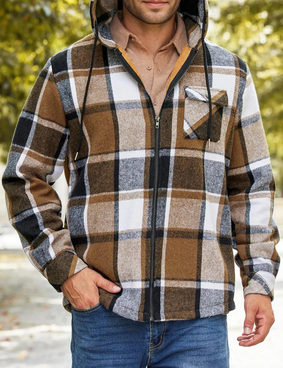 Flannel Plaid Zip Up Hooded Jacket For Men