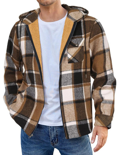 Flannel Plaid Zip Up Hooded Jacket For Men