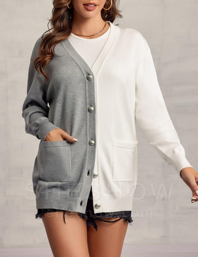 Gray/White Cozy Colorblock Cardigan