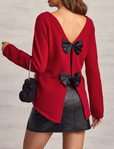 Drop Shoulder Back Bow Detail Sweater -Brown main image 1