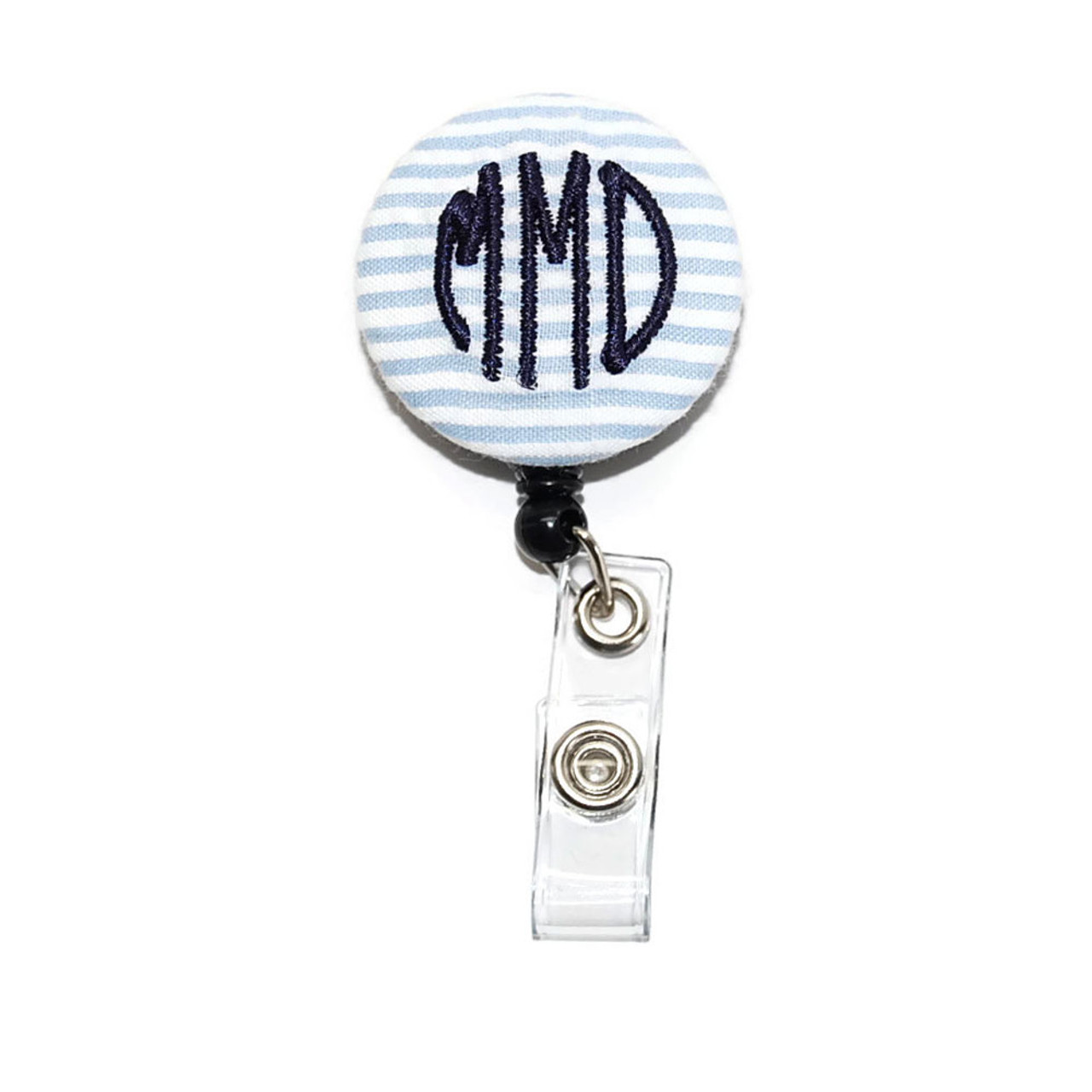 Blue Seersucker Badge Reel ID Holder Monogrammed With Your Letters in Navy  Thread