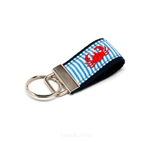 Preppy Embroidered Crab on Blue Seersucker Mini Key fob Preppy Embroidered Crab on Blue Seersucker Mini Key fob