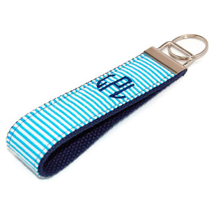 Turquoise Seersucker on Navy Personalized Key Fob Turquoise Seersucker on Navy Personalized Key Fob