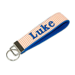 Orange Seersucker Royal Blue Personalized Key Fob Orange Seersucker Royal Blue Personalized Key Fob