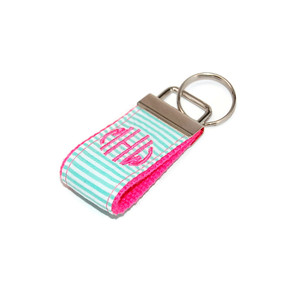 Mint Seersucker and Pink Mini Monogrammed Keychain Mint Seersucker and Pink Mini Monogrammed Keychain