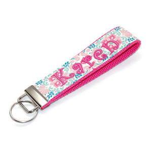 Floral Pink and Mint Personalized Key Fob Floral Pink and Mint Personalized Key Fob