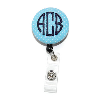 Light Blue Swiss Dot with Navy Embroidered 3 Letter Circle Monogram ID Badge Reel