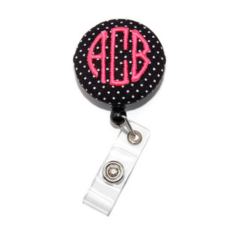 Black Swiss Dot with Neon Pink Embroidered 3 Letter Circle Monogram ID Badge Reel