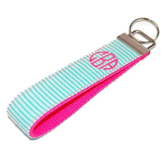 Mint Seersucker with Pink Personalized Key Fob