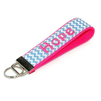 Light Blue Chevron and Hot Pink Monogrammed Keychain