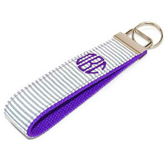 Monogrammed Keychain Grey Seersucker Purple Key Fob