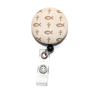 Fish and Cross Tan Fabric ID Badge Reel