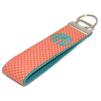 Coral Swiss Dot with Mint Personalized Key Fob