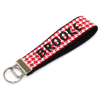 Personalized Brown Houndstooth with Black Keychain Fabric Key Fob 