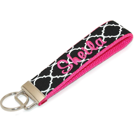 Black Quatrefoil on Red Personalized Key Fob Picture 1