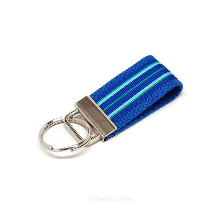 Royal Blue and Turquoise Blue Striped Ribbon Mini Key Fob