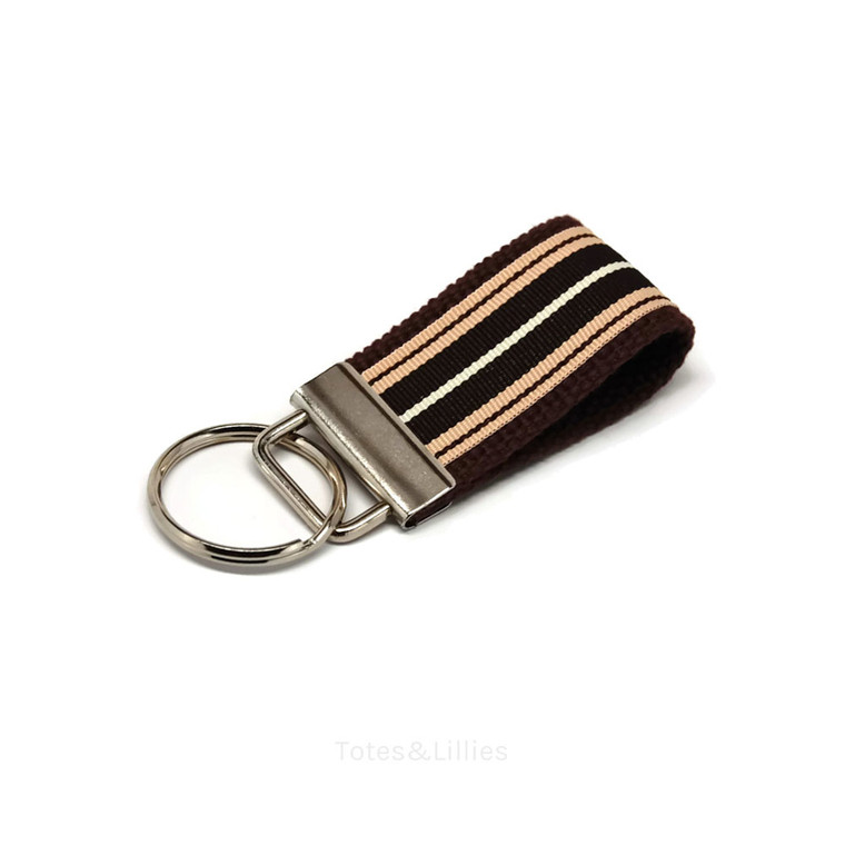 Preppy Brown and Tan Striped Ribbon Mini Key Fob