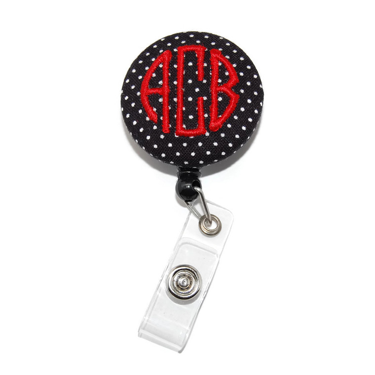 Black Swiss Dot with Red Embroidered 3 Letter Circle Monogram ID Badge Reel