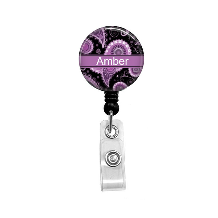 Purple Paisley Personalized Name ID Badge Reel