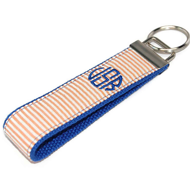 Orange Seersucker on Royal Blue Personalized Key Fob