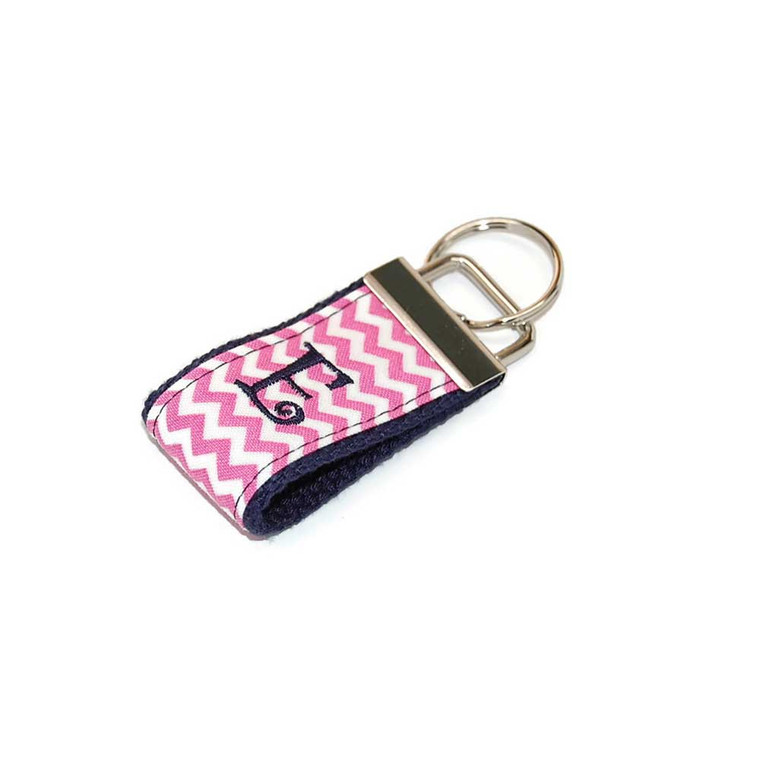 Mini Pink Chevron with Navy blue Embroidered Key fob