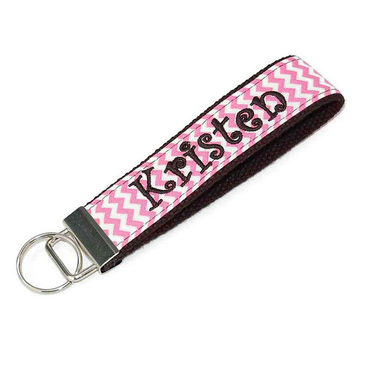 Pink Chevron & Black Monogrammed Keychain