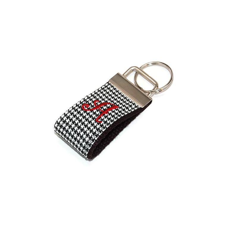Houndstooth Black and Crimson Mini Monogrammed Keychain