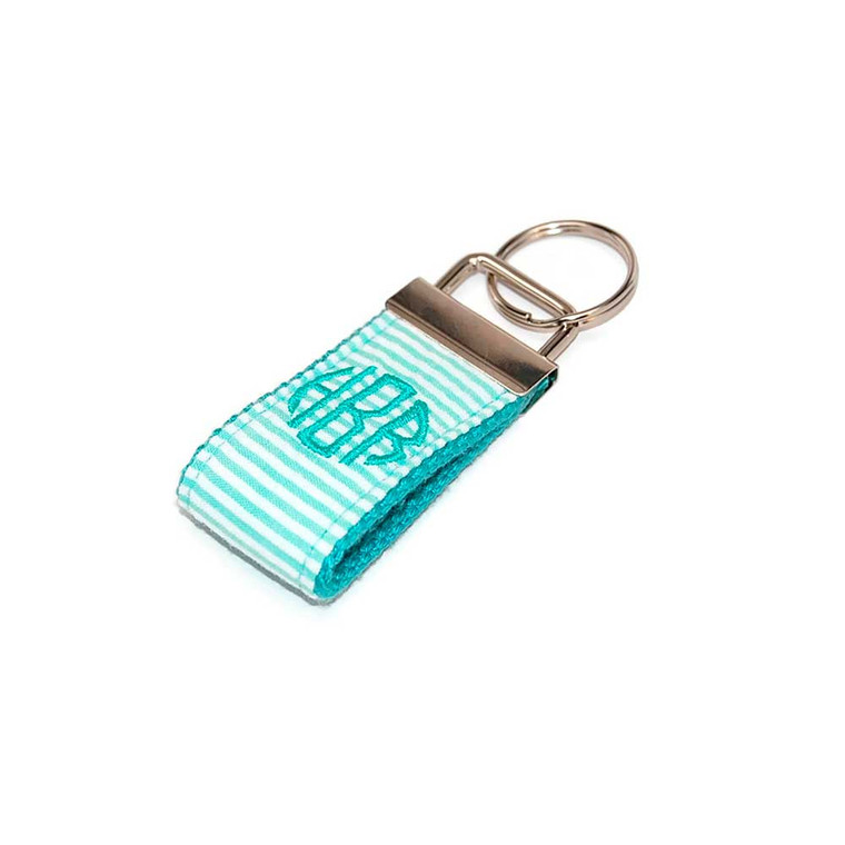 Mint Seersucker Mini Monogrammed Keychain