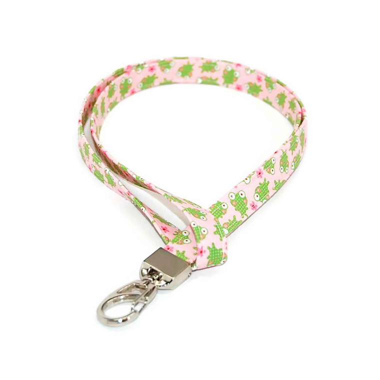 Green Frogs on Pink Fabric Lanyard Picture 1