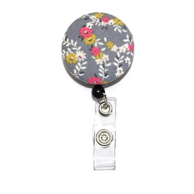 Grey and Pink Floral Fabric Badge Reel