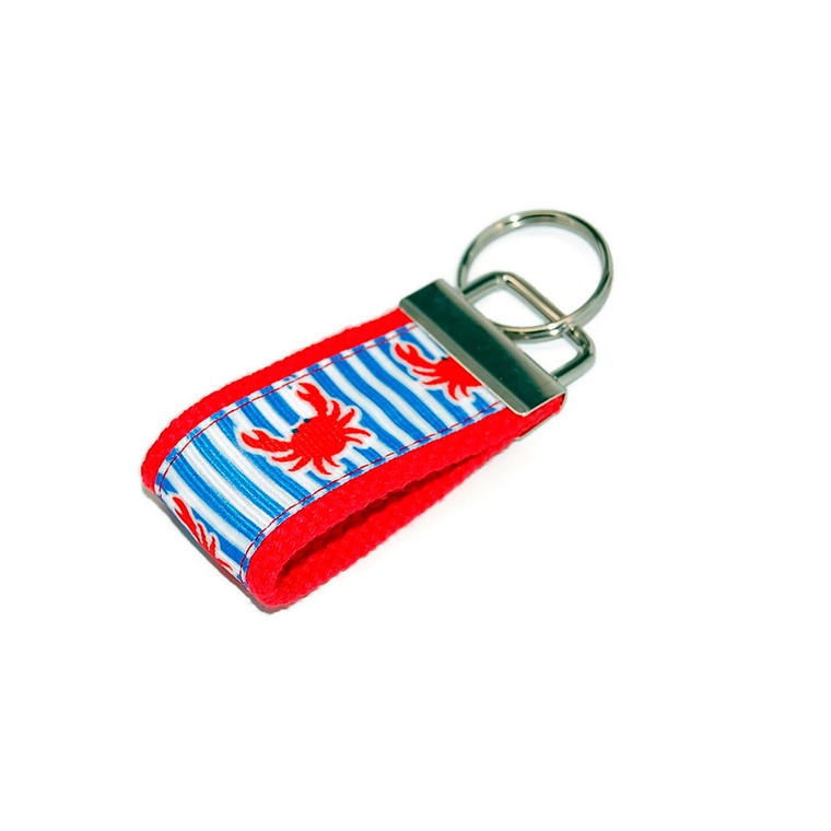 Blue White Seersucker with Red Crabs Key Fob Mini Key Fob