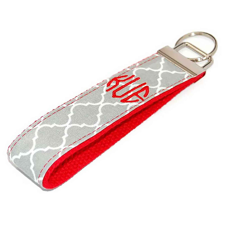 Grey Quatrefoil with Red Personalized Key Fob