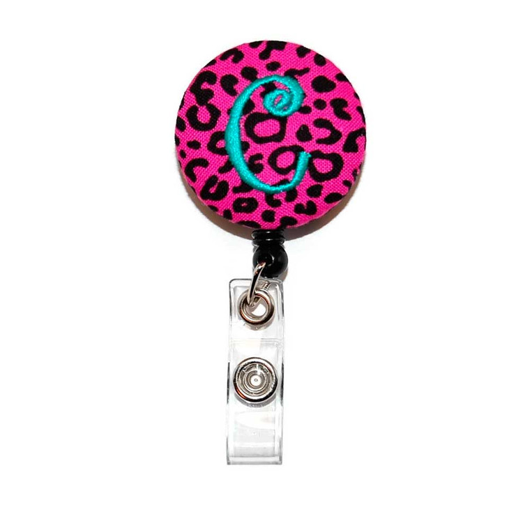 Hot Pink Leopard with Mint Personalized ID Badge Reel