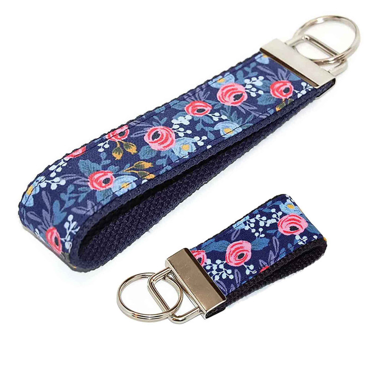 floral coral navy keychain in both the mini and wristlet size