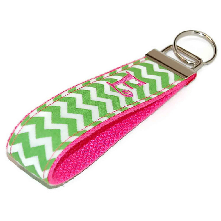 Green Chevron with Pink Large Personalized Key Fob