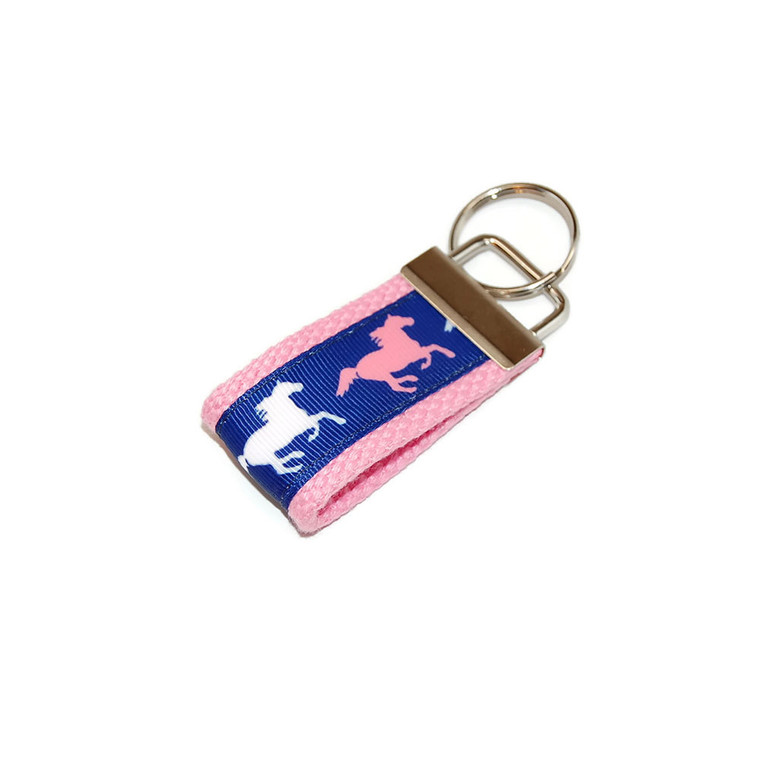 Pink white horses on Blue Mini Key Fob